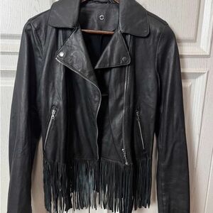 Massimo Dutti Black Leather Jacket with Fringe